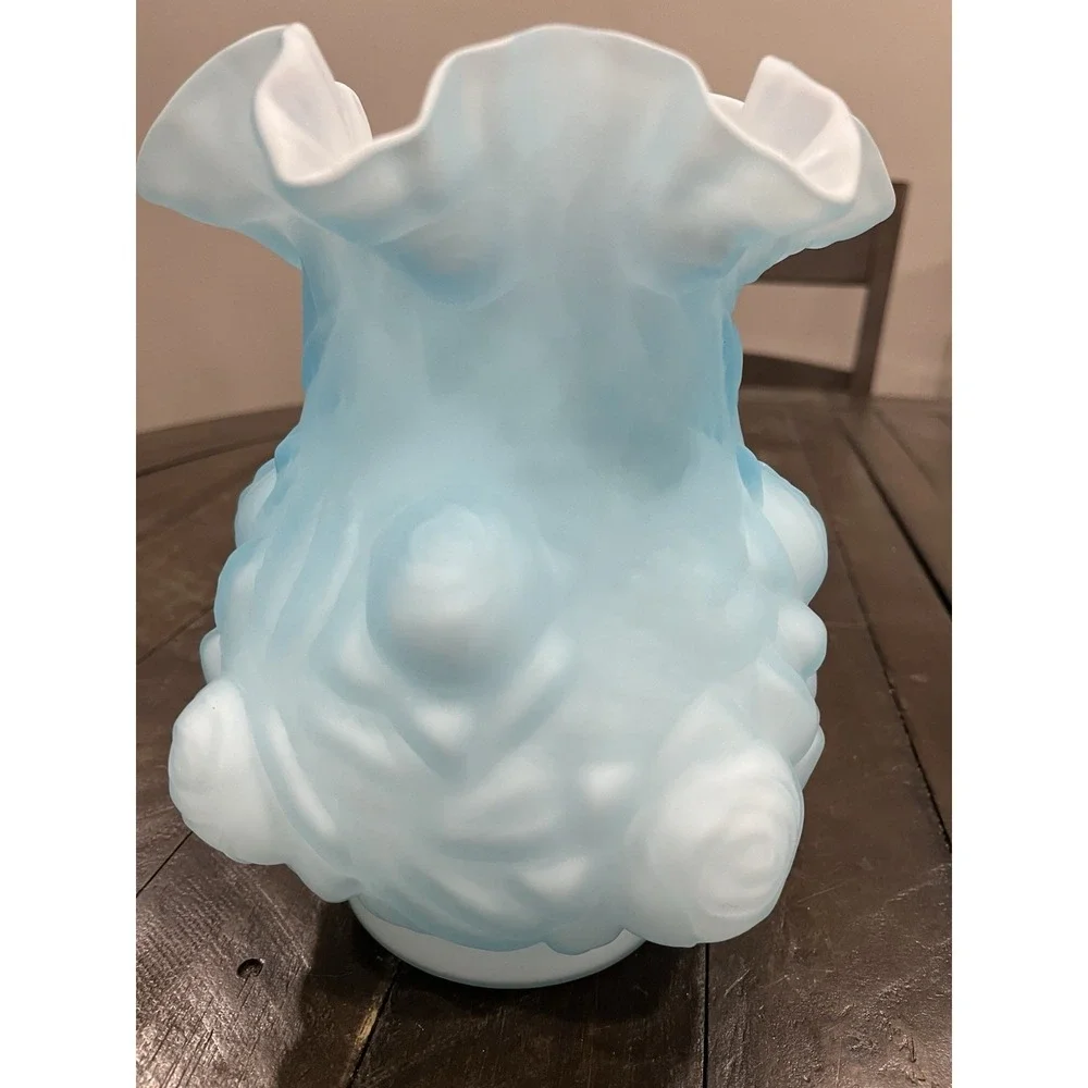 FENTON for LG Wright WILD ROSE Blue Satin Glass PUFFY Cabbage ROSES Vase 8‎ 1/2